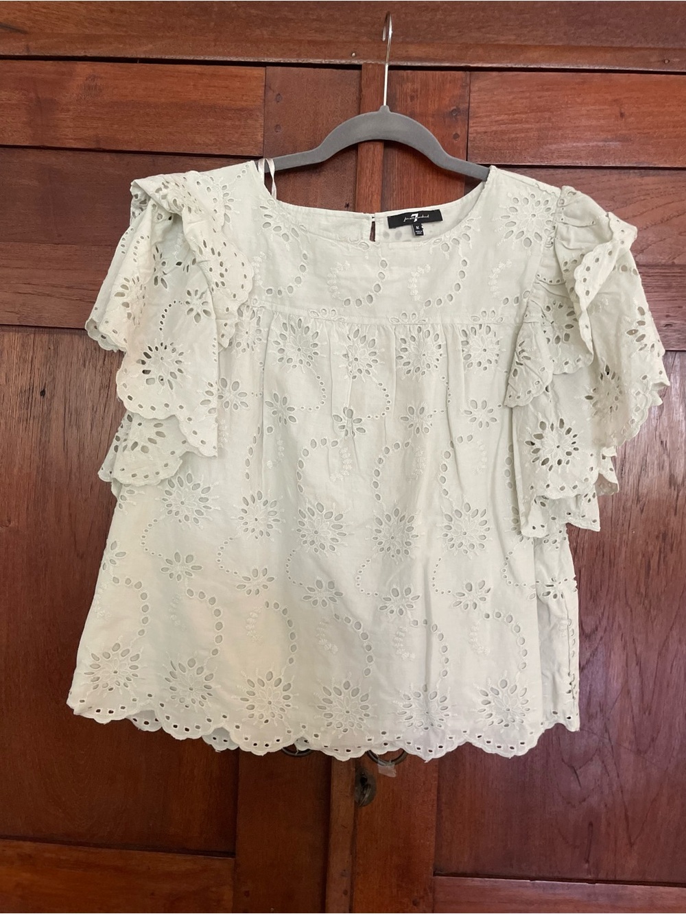 7 For All Mankind Cream Eyelet Ruffle Sleeve Top